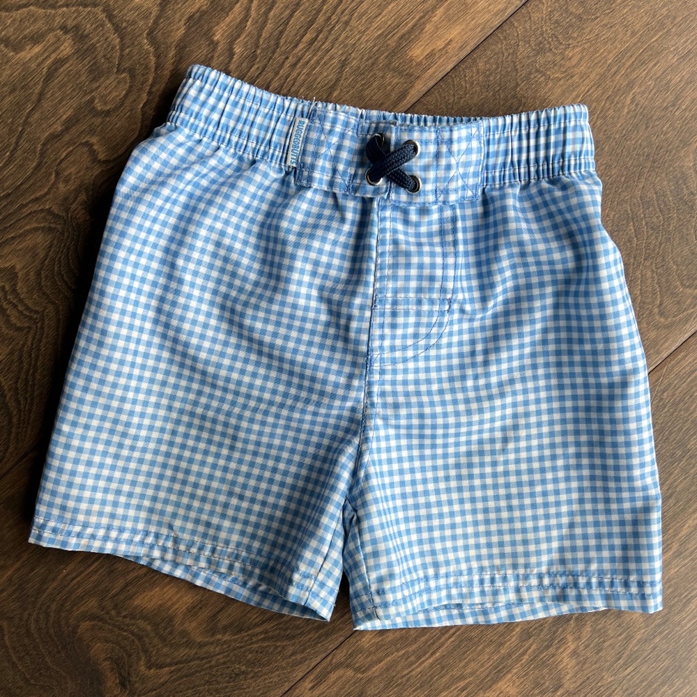 Ruffle Butts RUGGEDBUTTS Swim Trunks in Periwinkle Blue Gingham - 2T